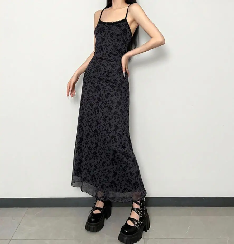 

Vintage Grunge Printed Long Dress Women y2k Punk Black Sundress Fairycore Gothic Aesthetic Outfits Korean A-LINE Maxi Dresses