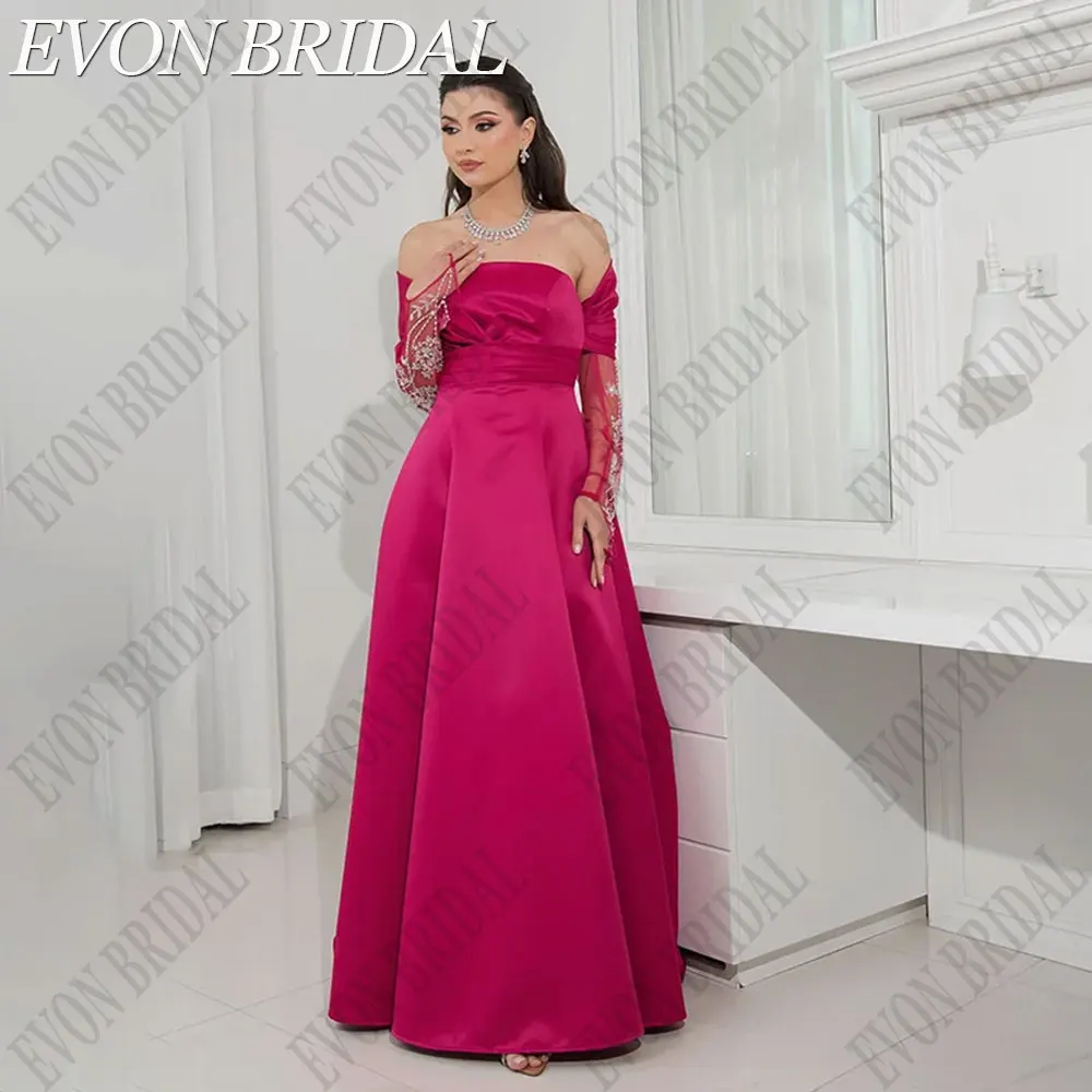 

EVON BRIDAL Strapless A-Line Prom Gown 2024 Three Quarter Sleeves Sequined Evening Party Dresses Hot Pink Satin vestidos de gala