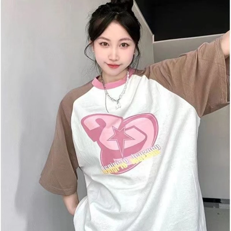 

Korean retro personality cute short-sleeved T shirt for women 2024 summer street y2k loose design contrasting raglan sleeve top