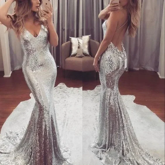 

V-Neck Mermaid Prom Dresses Vestidos de festa Sexy Criss-Cross Back Design Sparkly Sequined Evening Party Gowns