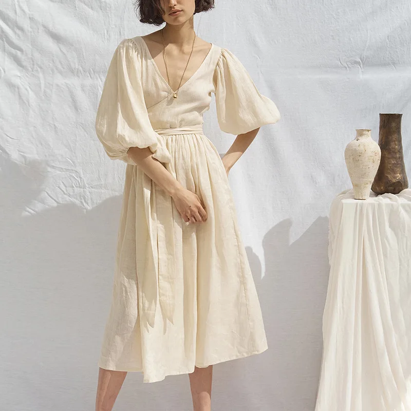 Boho Elegant Lady Vestidos Vintage Lace Up Waist Deep V Neck Dress Summer Cotton Linen Puff Sleeve Solid Dresses Women
Boho Elegant Lady Vestidos Vintage Lace Up Waist Deep V Neck Dress Summer Cotton Linen Puff Sleeve Solid Dresses Women
