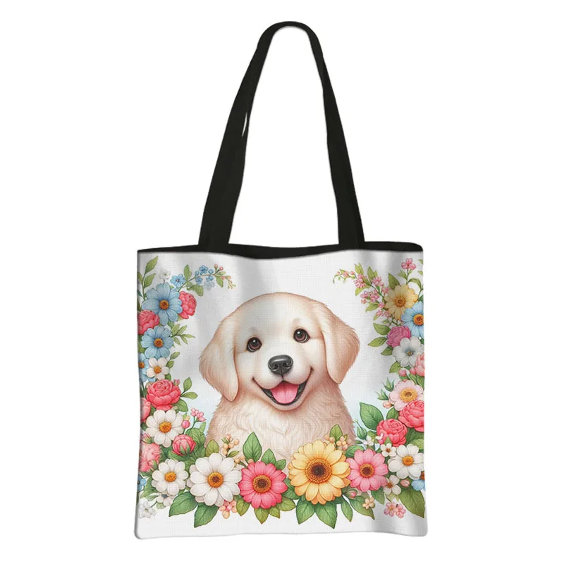 Cute Puppy Dog Print Shopping Bags with Floral Design 5 S3765e08cfae04f3782faadbe7321458fi