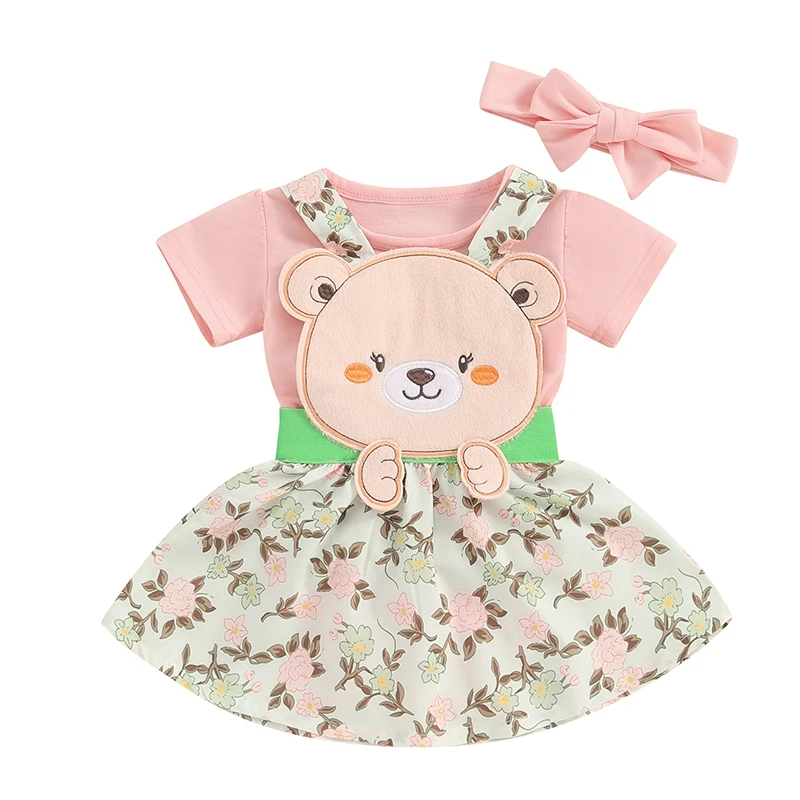

Комбинезон для новорожденных девочек, Однотонная футболка, футболки, топ с вышивкой медведя, пояс, юбка, костюм с повязкой на голову, 3 шт., весенняя одежда