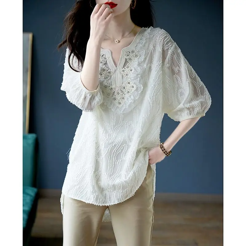 

Summer New Solid Color Fashion Short Sleeve Blouse Women High Street Casual Loose Pullovers Embroidered Flares Lace Chic Tops