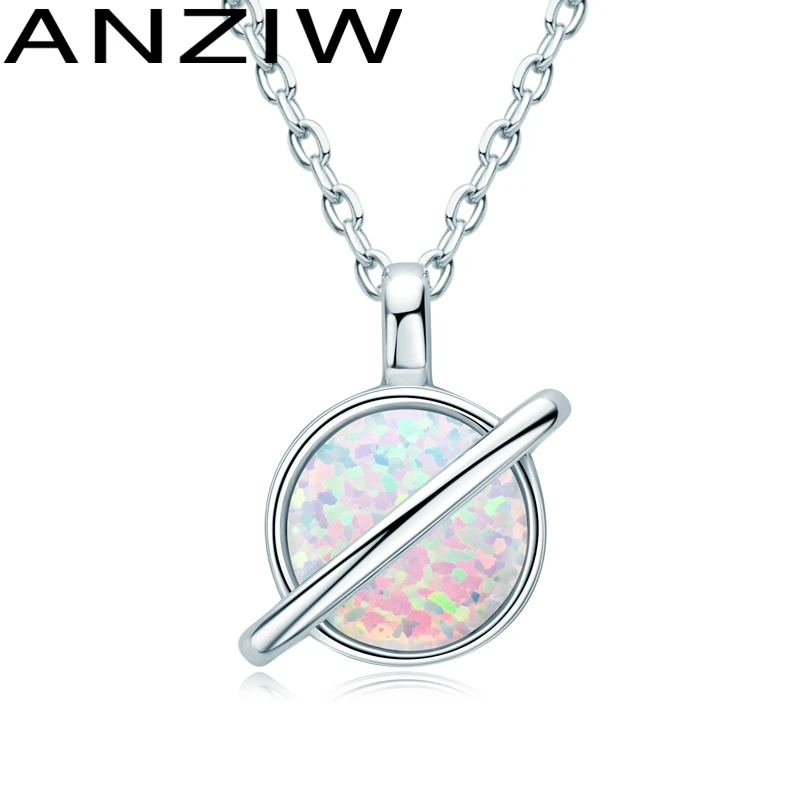 

ANZIW Authentic 925 Sterling Silver Round 8mm White Opal Planet Pendant Necklace for Women Virgin Girls Gift Chain Length 45+5cm