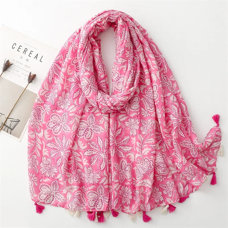 

2024 Fashion Spring Cotton Flower Print Tassel Scarf Shawls Long Floral Pattern Scarves Hijab Wrap