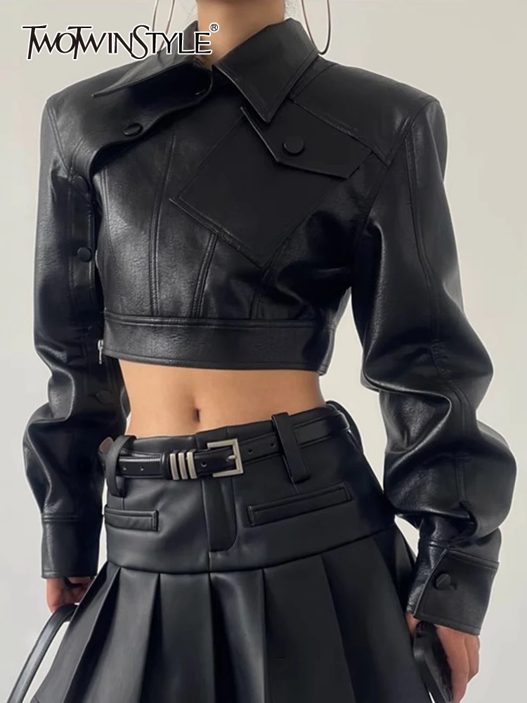 TWOTWINSTYLE Leather Vintage Jackets For Women Lapel Long Sleeve Patchwork Zipper Minimalist High Street Jacket Female Clothing
TWOTWINSTYLE Leather Vintage Jackets For Women Lapel Long Sleeve Patchwork Zipper Minimalist High Street Jacket Female Clothing