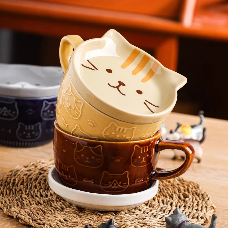

Lovable Cat Ceramic Coffee Cup Saucer Cartoon Animal Crafts Breakfast Milk Cup Embossed Coffee Mug Afternoon Tea Supplies