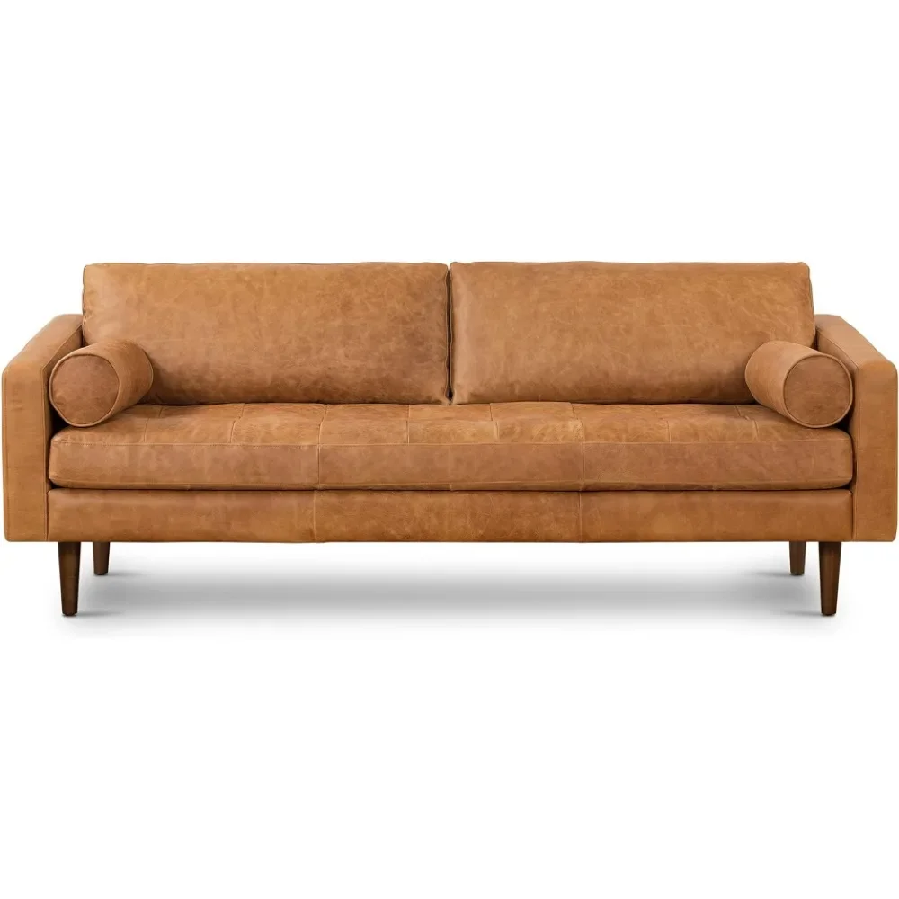 

Sofa Cognac Tan Brown Leather 88.5" Leather Sofa with 2 Bolsters-Full Grain Camel Couch-Feather-Topper On Seating Surface Couch