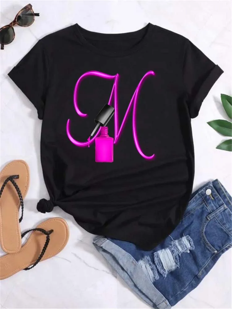 

Maycaur Custom Name Letter Combination Fashion Women T-shirt Nail Polish Letter Font A B C D E F G Short Sleeve Tops Female Tees