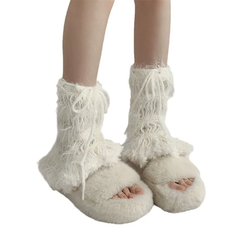 

Women Hollowed Knitted Furry Boot Cover Bandages Bowknot Plush Leg Warmer Sock