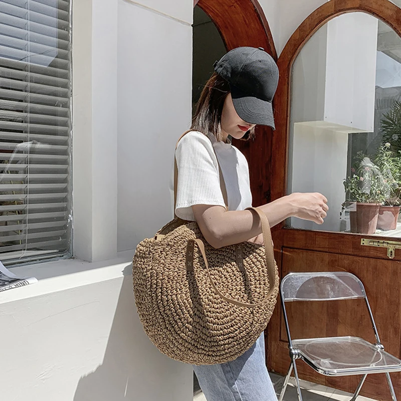 Round Woven Straw Beach Bag - Travel Tote 16 S376eb146cc7443a5a3d73f51439e3639e