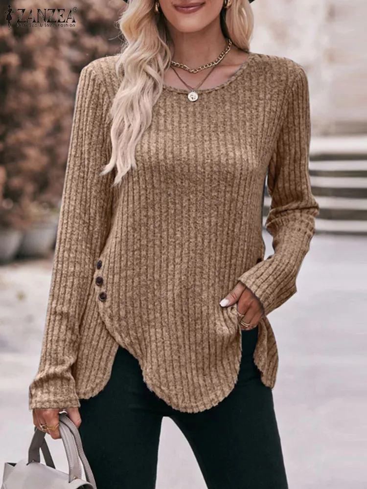 

Осень 2023, женская блузка из Джерси ZANZEA с длинным рукавом, Модный пуловер с круглым вырезом, дизайнерская туника, топы оверсайз с асимметричным разрезом