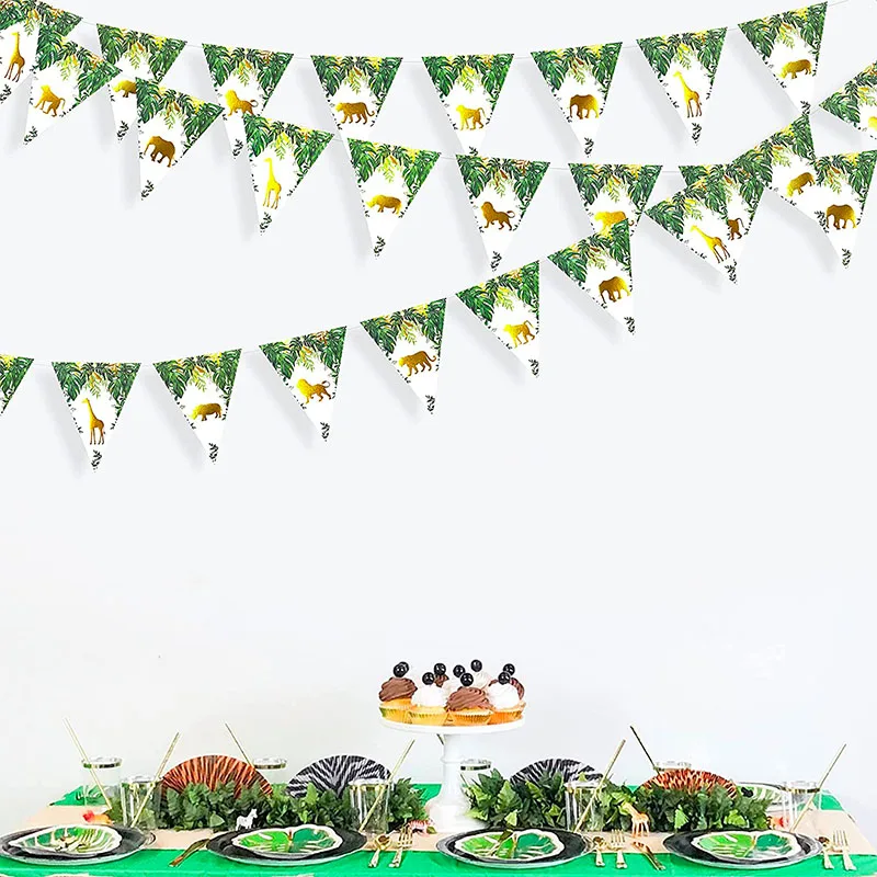 

Green Jungle Safari Gold Foil Lions Elephants Monkey Tiger Giraffe Animal Triangle Banner Wild One Forest Birthday Party Flags