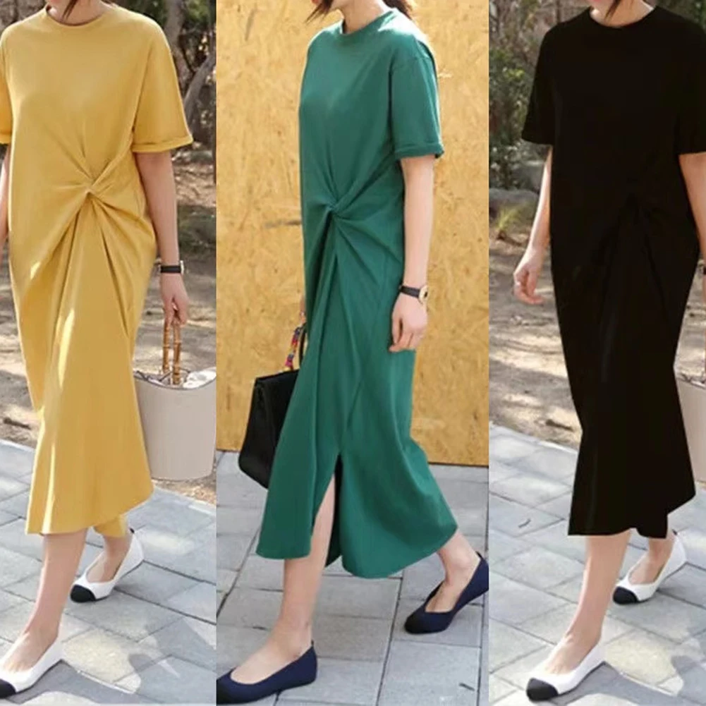 

Women Dress Pullover Short-sleeved Solid Color 1pc Casual Comfortable Korean Style Medium Elasticity Milk Silk