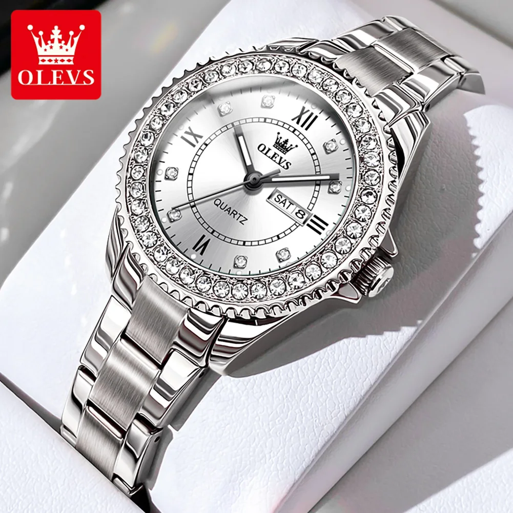 

OLEVS 9993 Full Diamond Quartz Watch for Women Luxury Elegant Stainless Steel Waterproof Dual Calendar Girls Dress Wristwatches