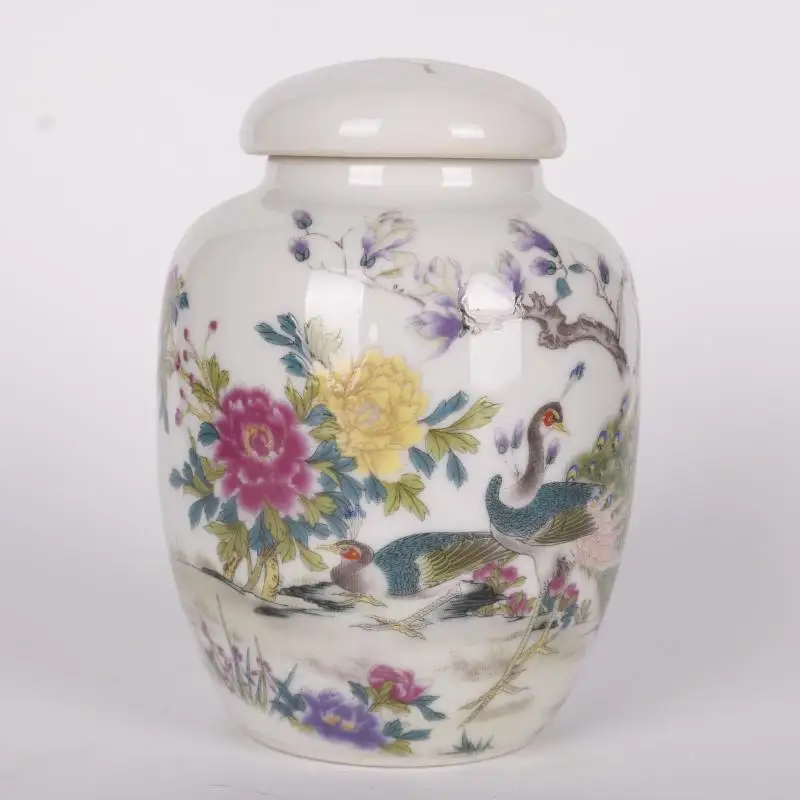 

Chinese Famille Rose Porcelain Pot Qing Guangxu Peony Peacock Jar Tea Caddy 4.3"
