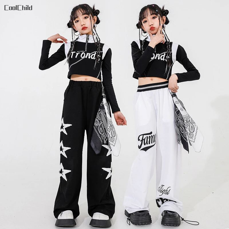 

Girls Fashion Streetwear Child Hip Hop High Collar Crop Top Cool Cargo Pants Clothes Sets Kids Street Dance Jazz Joggers Costume