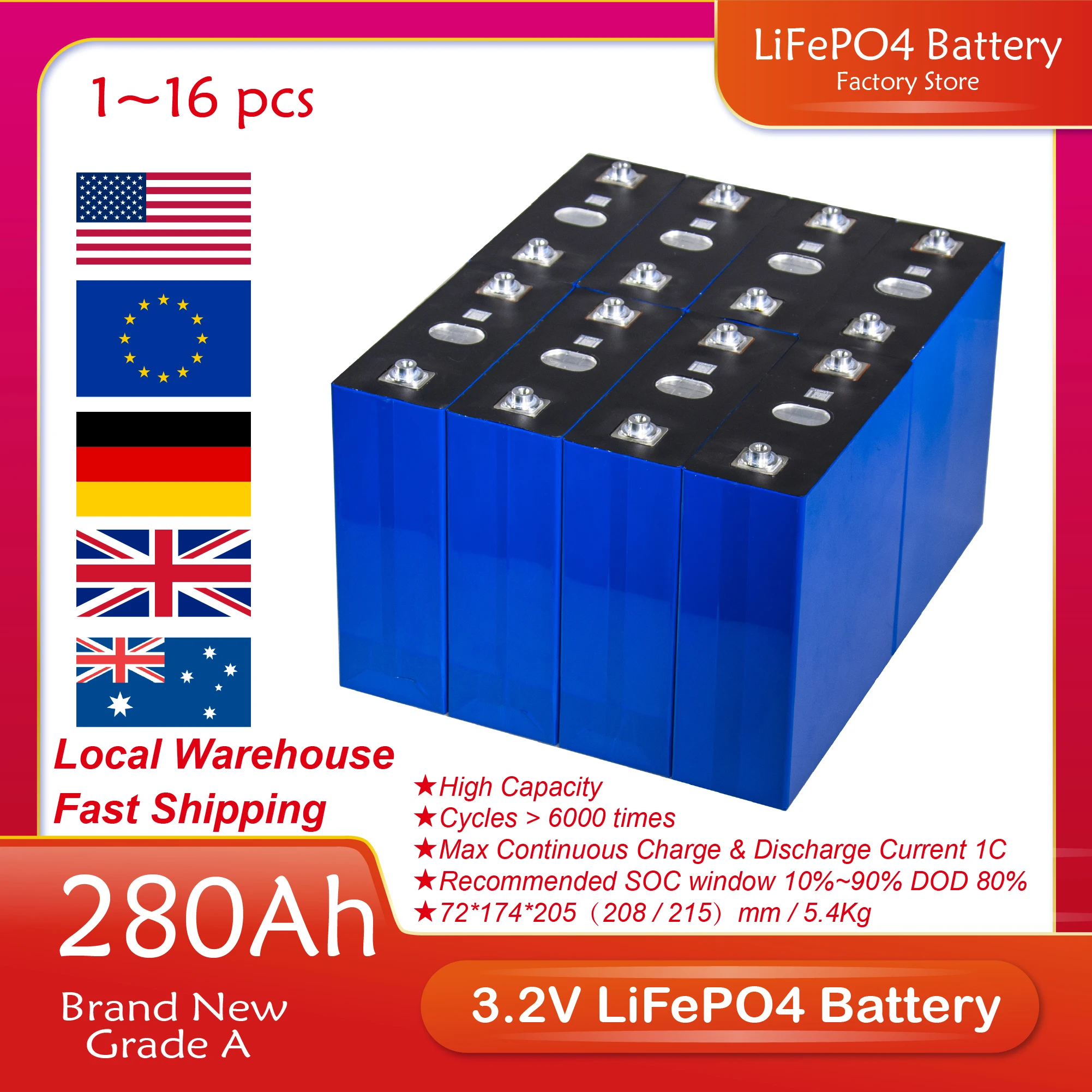 3.2V 280Ah Lifepo4 Battery Brand New Grade A DIY 12V 24V 48V Lithium Iron Phosphate Battery Pack
3.2V 280Ah Lifepo4 Battery Brand New Grade A DIY 12V 24V 48V Lithium Iron Phosphate Battery Pack