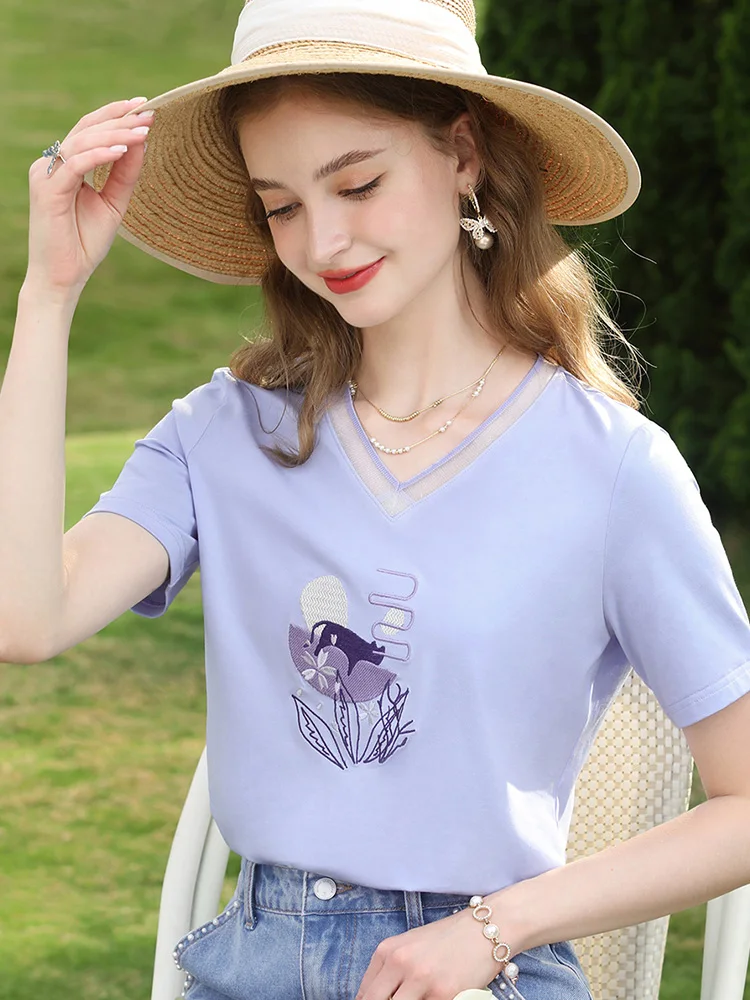 

I BELIEVE YOU T-shirts for Womens Tops 2023 Summer Office Lady Casual Embroidery Vneck Purple T Shirts Women Clothing 2231014992