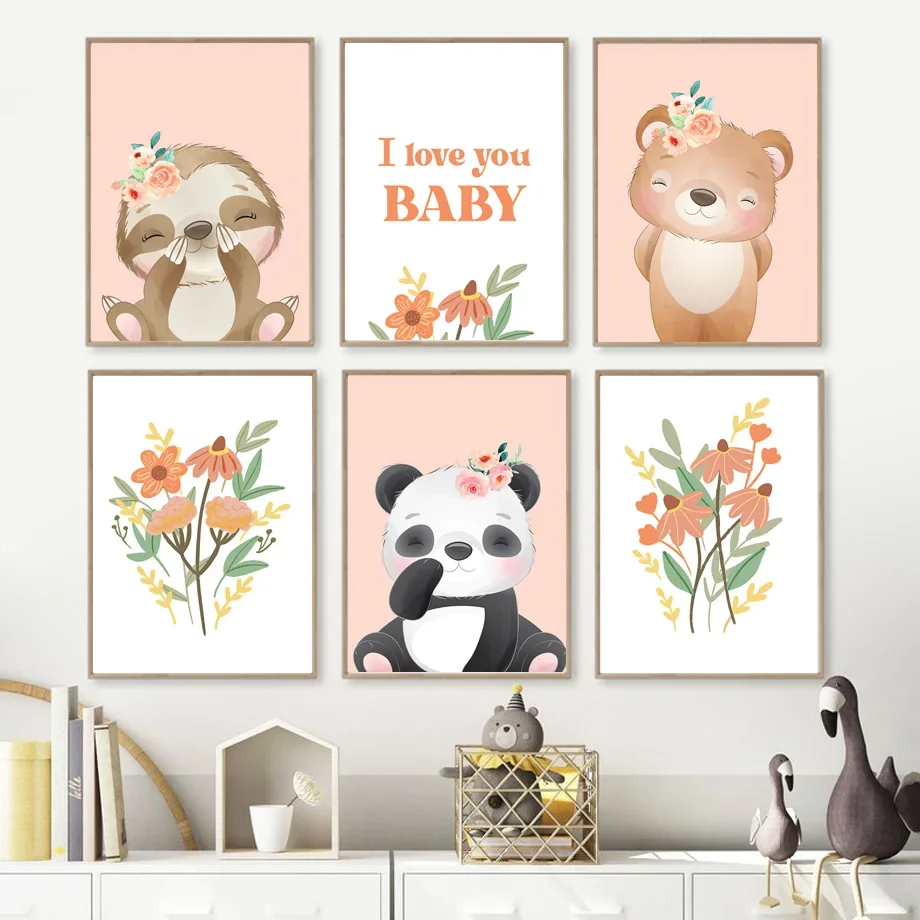 

Cute Panda Sloth Rabbit Bear Flower Wall Art Canvas Painting Posters Nursery And Prints Wall Pictures Baby Kids Room Home Decor