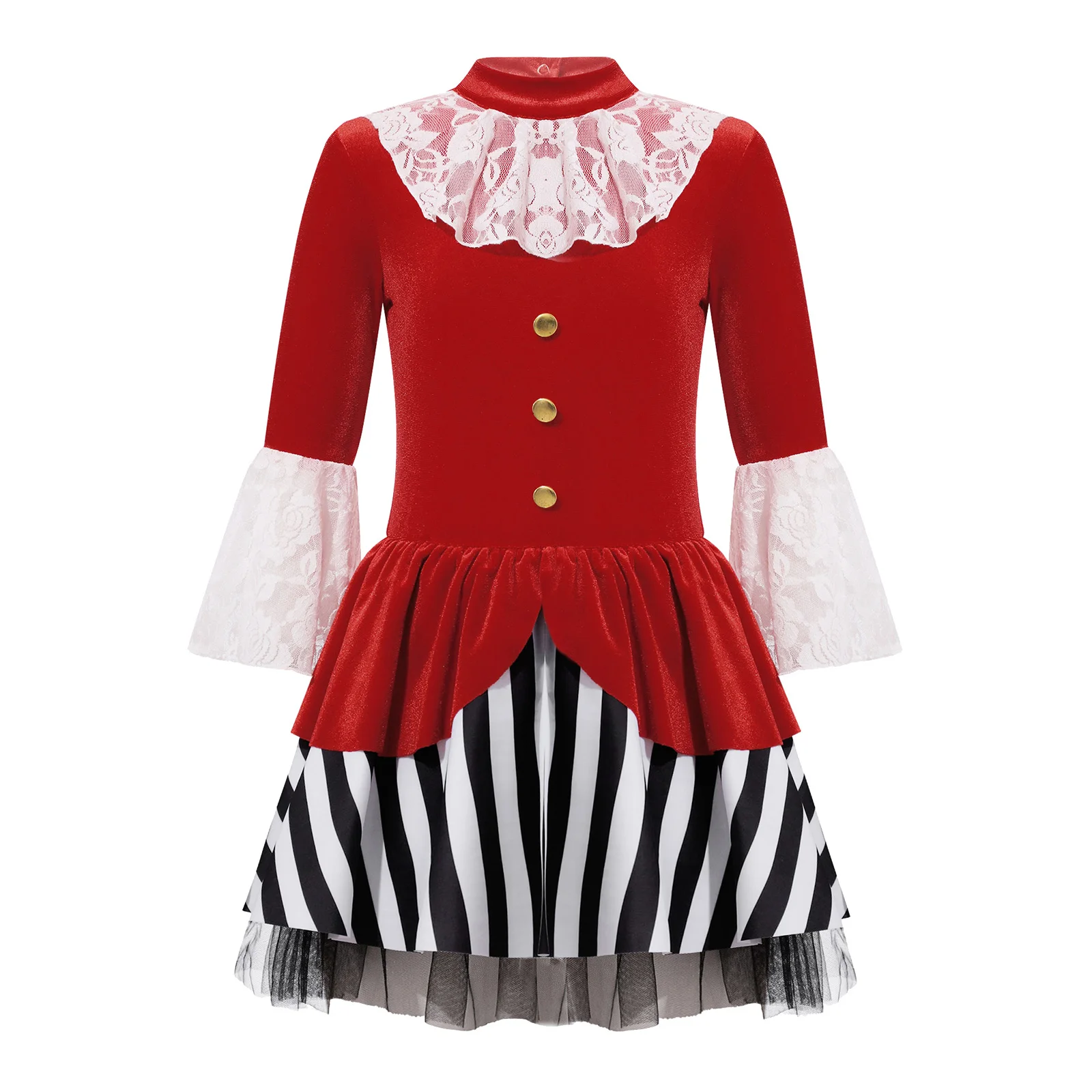 

Halloween Kids Girls Medieval Pirate Cosplay Costume Long Sleeve Keyhole Back Lace Velvet Peplum Stripes Print Dress Jumpsuit