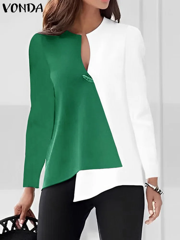 

VONDA Elegant Office Shirts 2023 Women Blouse Fashion Color Patchwork Autumn Asymmetrical Tops Casual Long Sleeve V-Neck Blusas