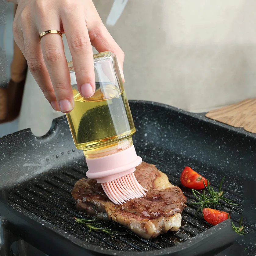 

150ml Glass Oil Bottle with Brush Steak Oil Brushes Barbecue Grill Dust Proof Oil Brush Dispenser Pastry Kitchen Baking BBQ Tool