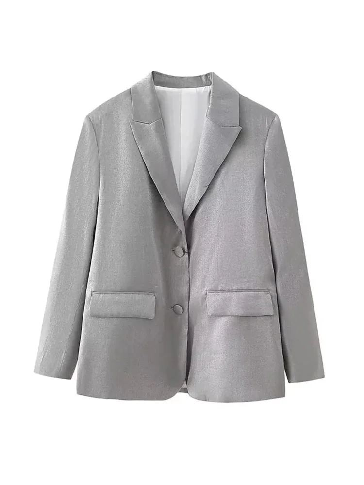 

HH TRAF Spring Coats Woman Silver Turn-Down Collar Long Sleeves Pockets Single Breasted Jacket Female Fashion Blazer Office Lady
