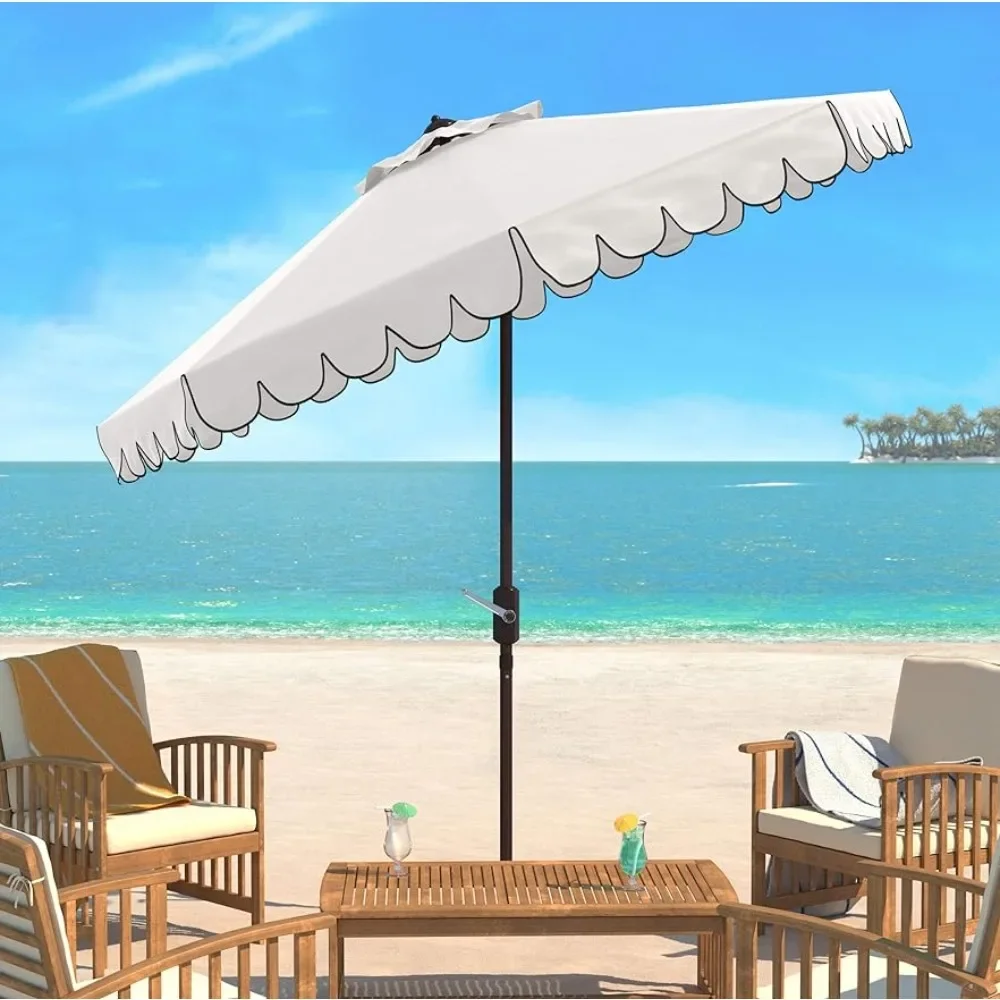 

Outdoor Garden Parasol Collection Venice Navy and White Single Scallop 9Ft Crank Outdoor Push Button Tilt Umbrella Canopy