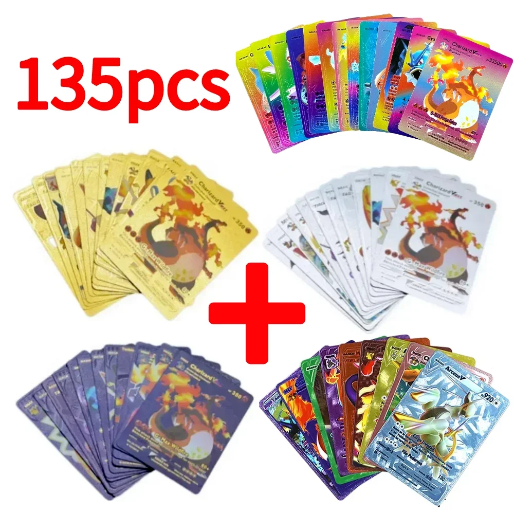 

135-55pcs Gold Pokemon Color Cards Pack Set Black Vmax Vstar Sliver GX Box Pikachu Carta Charizard German French Spanish Letters