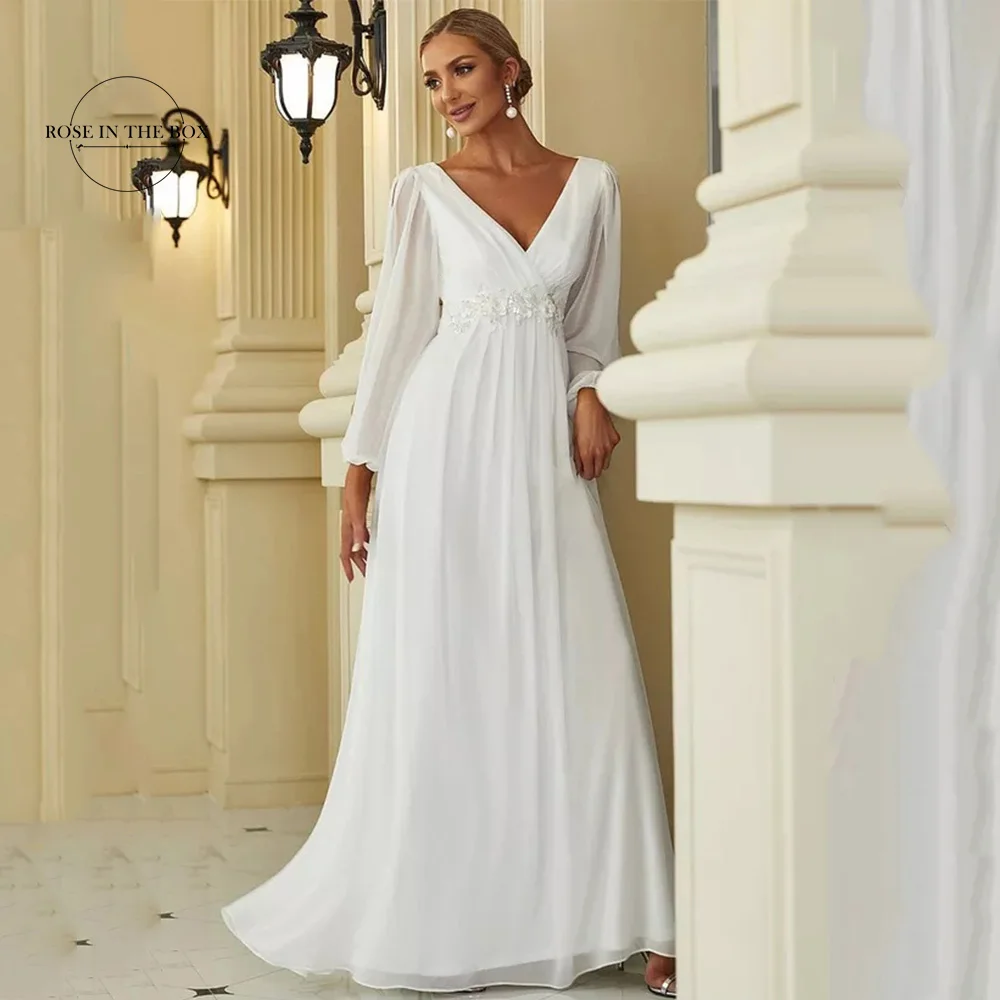 

Lantern Long Slit Sleeve Deep V Applique Maxi Evening Dresses Elegant Pleated Chiffon Formal Gowns For Wedding Women Party