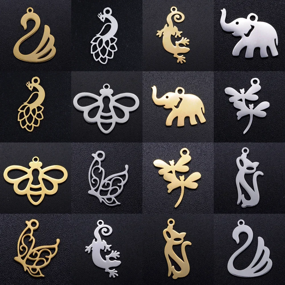 

5pcs/lot Animal Lizard DIY Charms Wholesale 316 Stainless Steel Peacock Pendant Butterfly Dragonfly Bee Connectors Charm