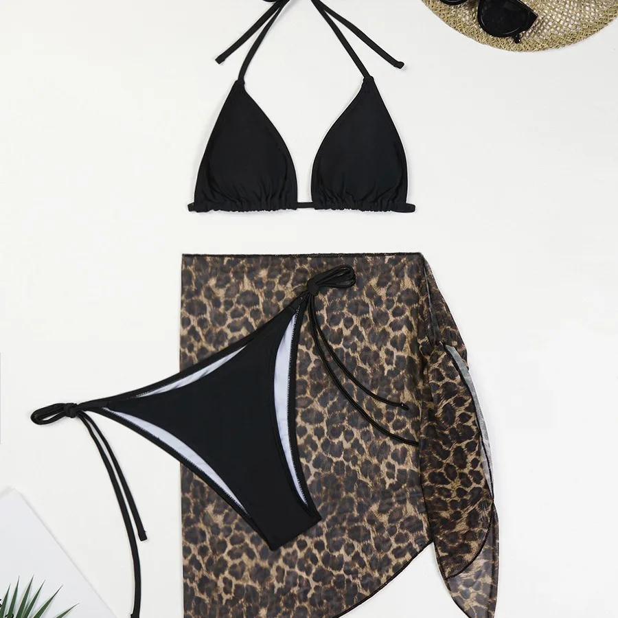 

2024 New 3 Pieces Set Swimsuit Women Thong Swimwear Sexy Micro Bikini Set With Leopard Skirt Cover Up Beachwear Bathing Suit