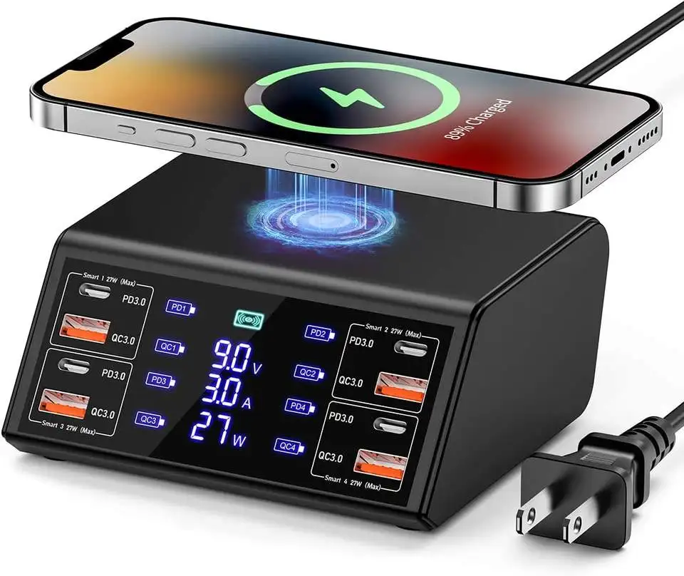 Беспроводное быстрое зарядное устройство 100 Вт, 8 USB-разъемов, Тип C, одновременная зарядка нескольких телефонов, применимо ко всем брендам
Беспроводное быстрое зарядное устройство 100 Вт, 8 USB-разъемов, Тип C, одновременная зарядка нескольких телефонов, применимо ко всем брендам