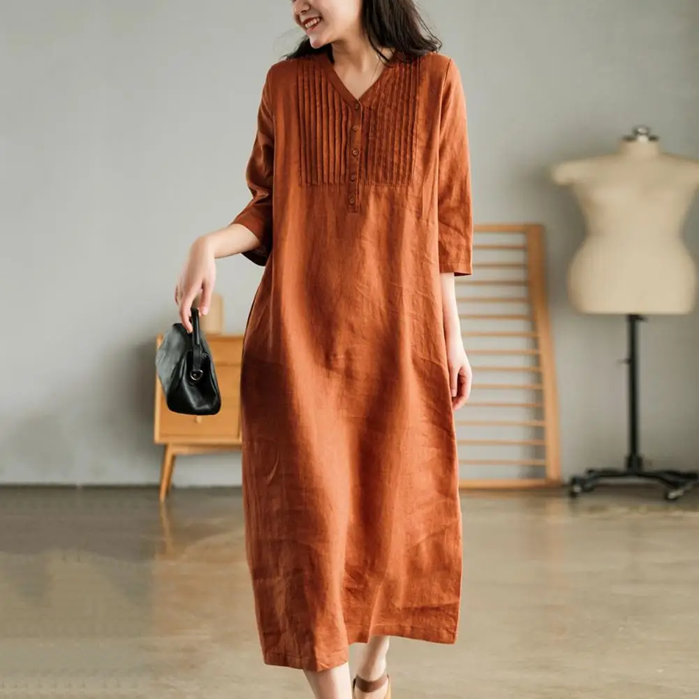 Summer Women Dress A-line Solid Color Pleated V Neck Button Closure Side Pockets Half SLeeve Knee Length Loose Daily Wear Commut
Summer Women Dress A-line Solid Color Pleated V Neck Button Closure Side Pockets Half SLeeve Knee Length Loose Daily Wear Commut