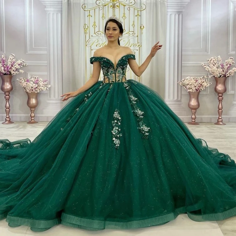 Emerald Green Shiny Off Shoulder Quinceanera Dress Appliques Lace Beads Long Tulle Sweep 15 Year Party Birthday Princess Formal
Emerald Green Shiny Off Shoulder Quinceanera Dress Appliques Lace Beads Long Tulle Sweep 15 Year Party Birthday Princess Formal