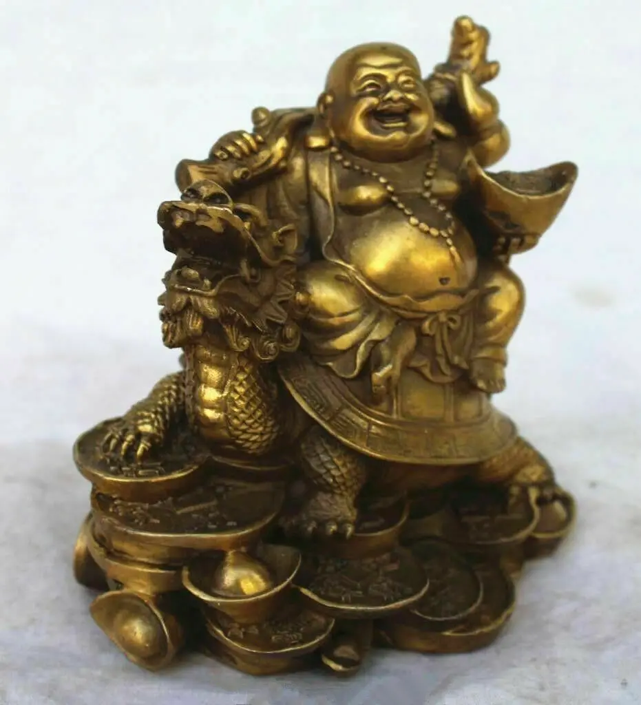 

Chinese Copper Wealth Money Happy Laugh Maitreya Buddha on Dragon Turtle Statue Iiving Room Decoration Home Gift