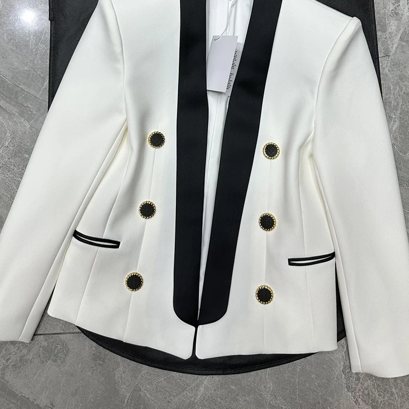 

Fashion Runway Acetic Acid Suit 2 Colors Women Scarf Collar Lion Buttons Short Slimming Blazer Coat High Quality Y2K Clothes New