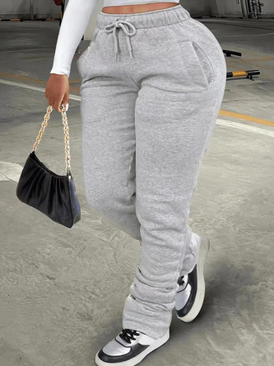 

LW Plus Size Plain Pocket Sweatpants Mid Waist Drawstring Ruched Women Pants Stacked Trousers Sporty Casual Daily Bottoms