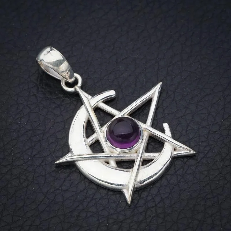 

StarGems Natural Amethyst Star And Moon Handmade 925 Sterling Silver Pendant 1.5" F5340