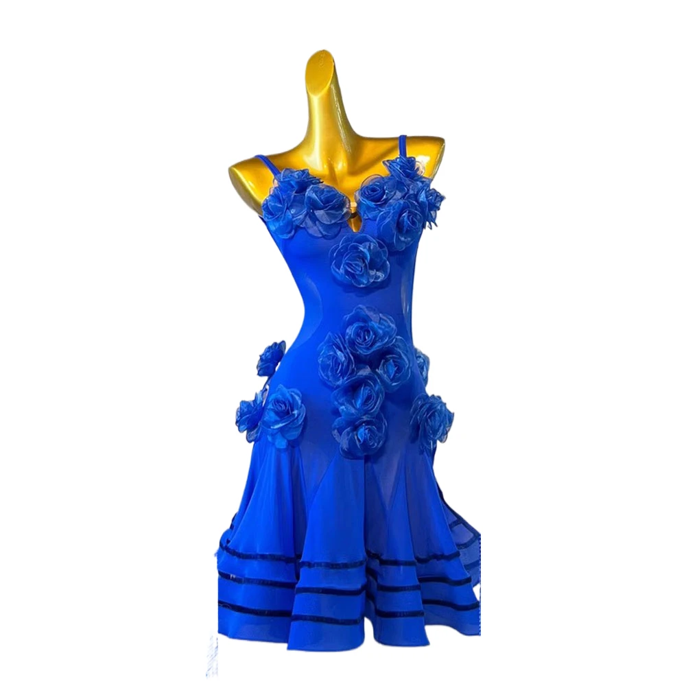 

Национальная стандартная танцевальная форма для конкурсов латиноамериканских танцев, высококачественное индивидуальное платье в стиле самбы с синими цветами феи