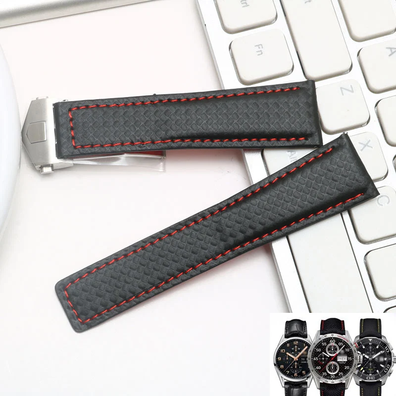 

20mm 22mm For TAG Heuer F1 Watchband Carbon Fiber Texture Cattle Cowhide Black Red Band Men's Strap With Foldable