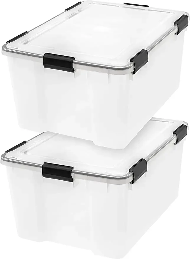 USA 62.8 Quart WEATHERPRO Plastic Storage Box with Durable Lid and Seal and Secure Latching Buckles, Clear with Buckles, 2 Pack
USA 62.8 Quart WEATHERPRO Plastic Storage Box with Durable Lid and Seal and Secure Latching Buckles, Clear with Buckles, 2 Pack