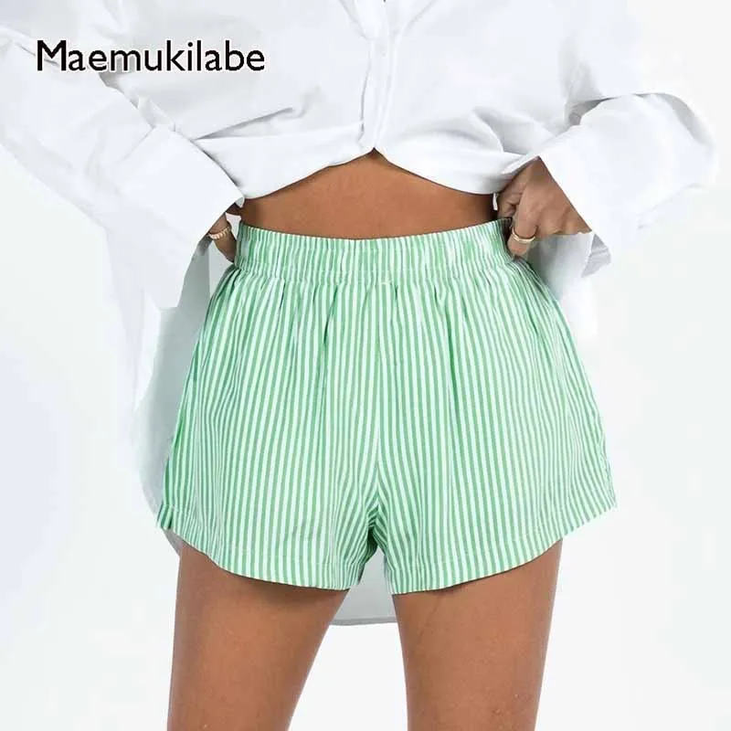 

Maemukilabe Women Y2K Boxers Shorts Casual Elastic Waist Lounge Shorts Striped Print Baggy Pants Teens Going Out Streetwear