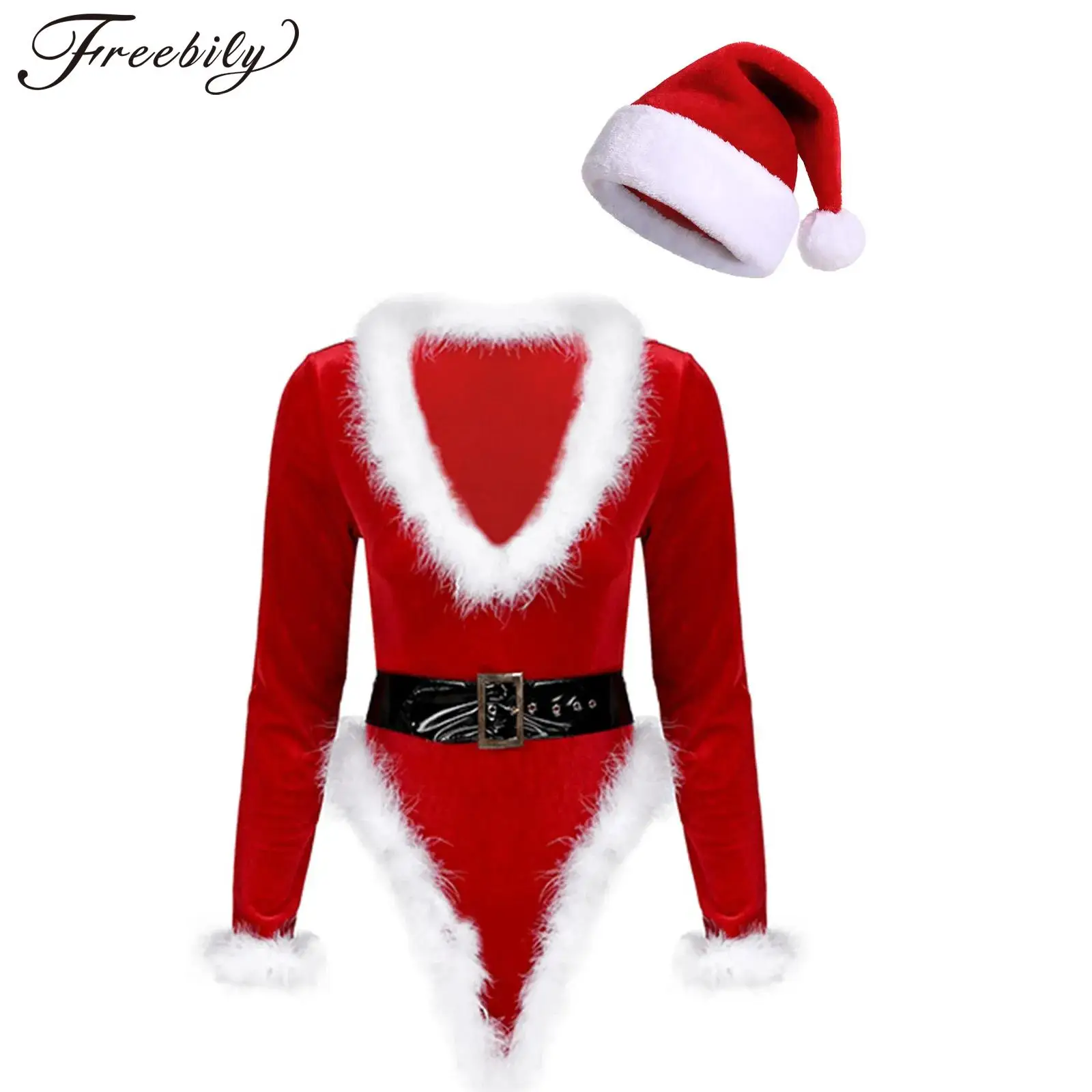 

Women Christmas Outfit Long Sleeve Velvet Bodysuit with Belt Xmas Hat Theme Party Santa Claus Cosplay Costume Clubwear Nightwear