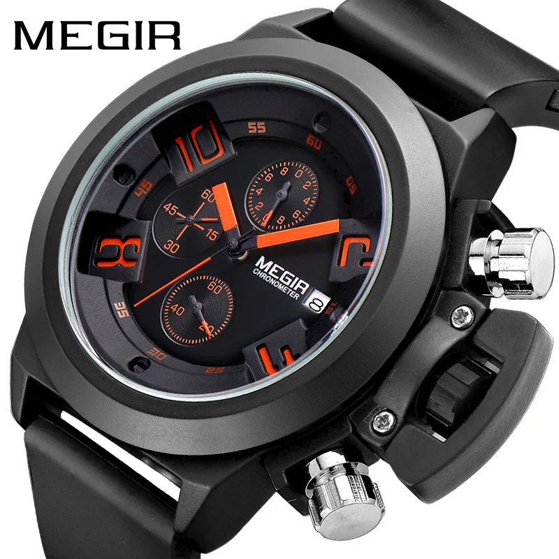 

MEGIR 2002 Men's Quartz Watch Leisure Simple Sports Chronograph Analog Display Black White Silicone Strap Wrist Watches for Male