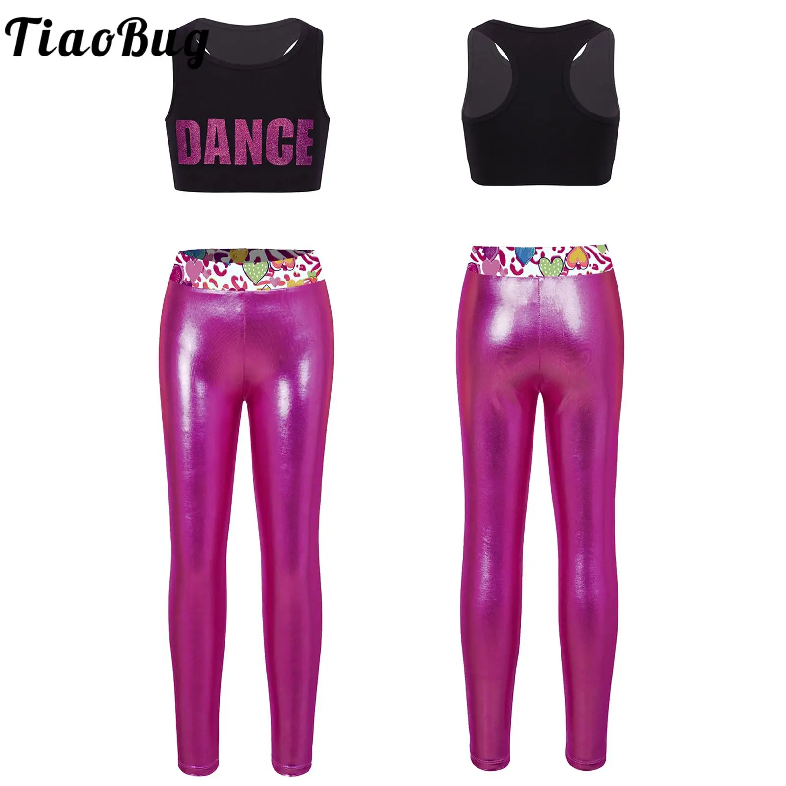 Kids Girls Ballet Gymnastics Workout Outfits Set Letters Printed Crop Top with Metallic Leggings Dance Stage Performance Costume
Kids Girls Ballet Gymnastics Workout Outfits Set Letters Printed Crop Top with Metallic Leggings Dance Stage Performance Costume