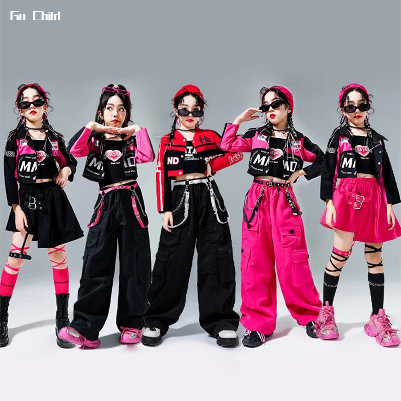 

Girls Hip Hop Motorcycle Cropped Jacket Joggers Pants Child Coat Street Dance Skirts Clothes Sets Kids Streetwear Jazz Costumes