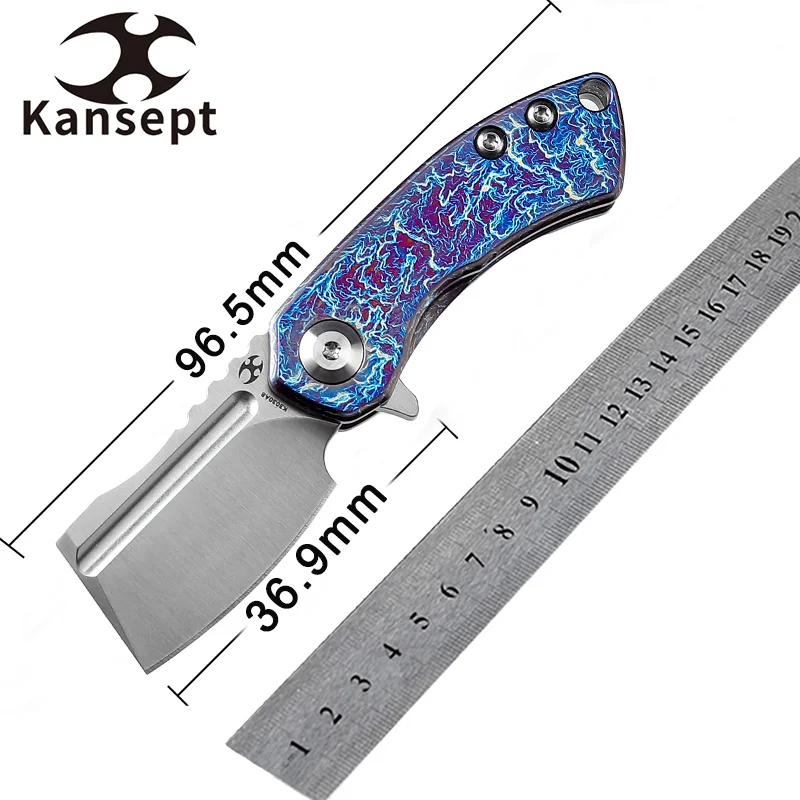 

Kansept Cleaver Mini Korvid Folding Knives Under 3" CPM-S35VN/Damascus with Lightning Strike Anodized Titanium Handle for EDC